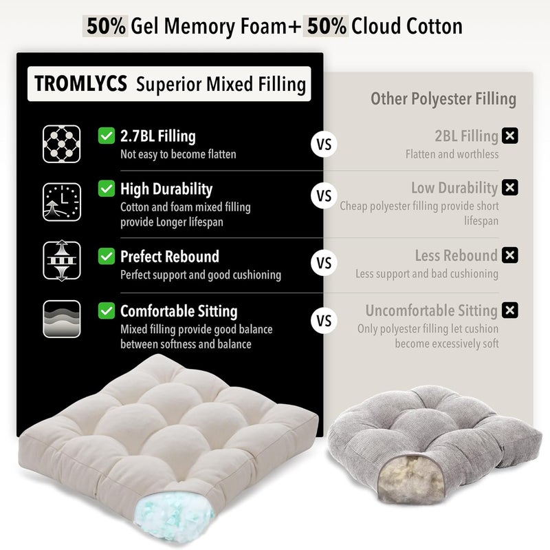 Tromlycs Floor Cushions Pillows for Adults Sitting Large Square Seating Pillow Gel Memory Foam 20 x 20 x 4 Inch Cream Set of 2 - Image 3